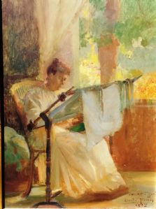 Firmin Claude Avignone 1838-1921 interno con donna che cuce sotto ad una finestra firmato e datato olio su tela cm.25x34